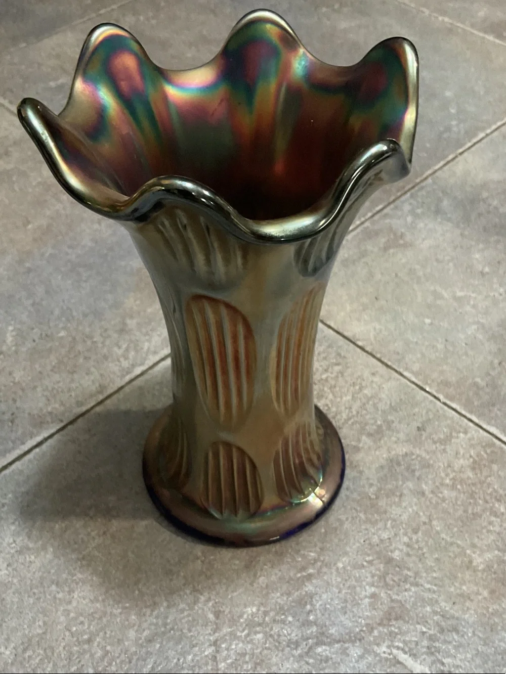 Fenton Iridescent Green and Bronze Ruffled Glass Vase